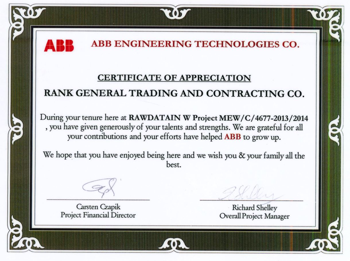 Certificate Of Appreciation ABB